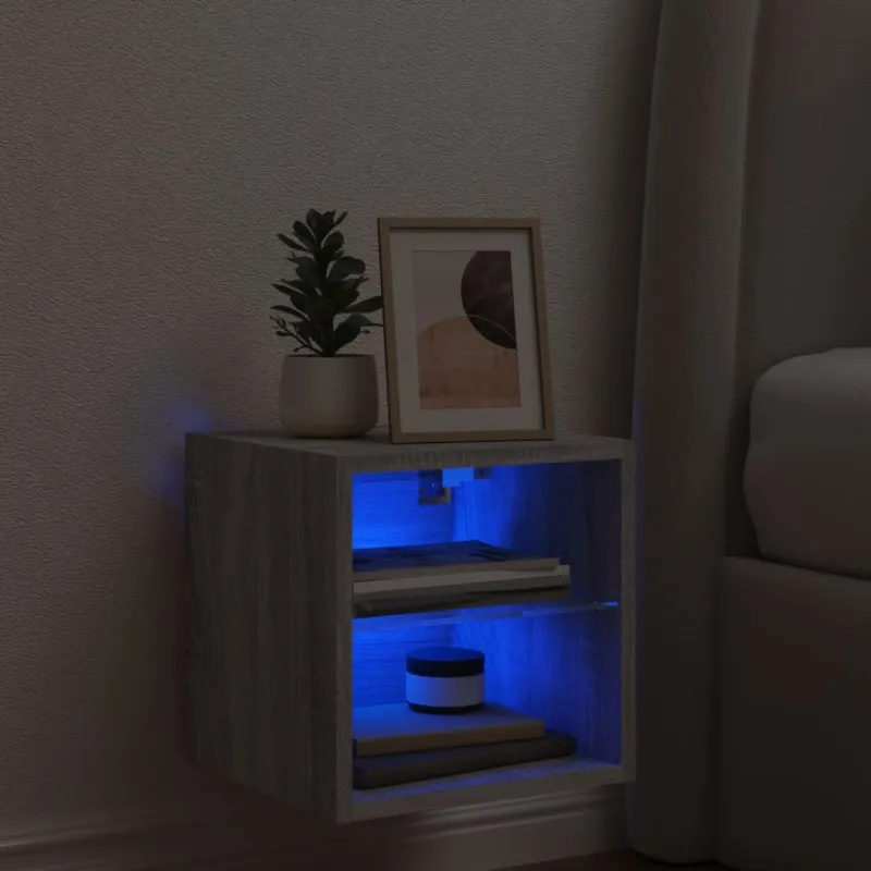 Sieninė TV spintelė su LED lemputėmis, pilka, 30x28,5x30cm