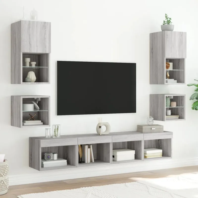 Sieninė TV spintelė su LED lemputėmis, pilka, 30x28,5x30cm