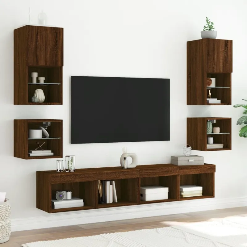 Sieninės TV spintelės su LED, 2vnt., rudos ąžuolo, 30x28,5x30cm