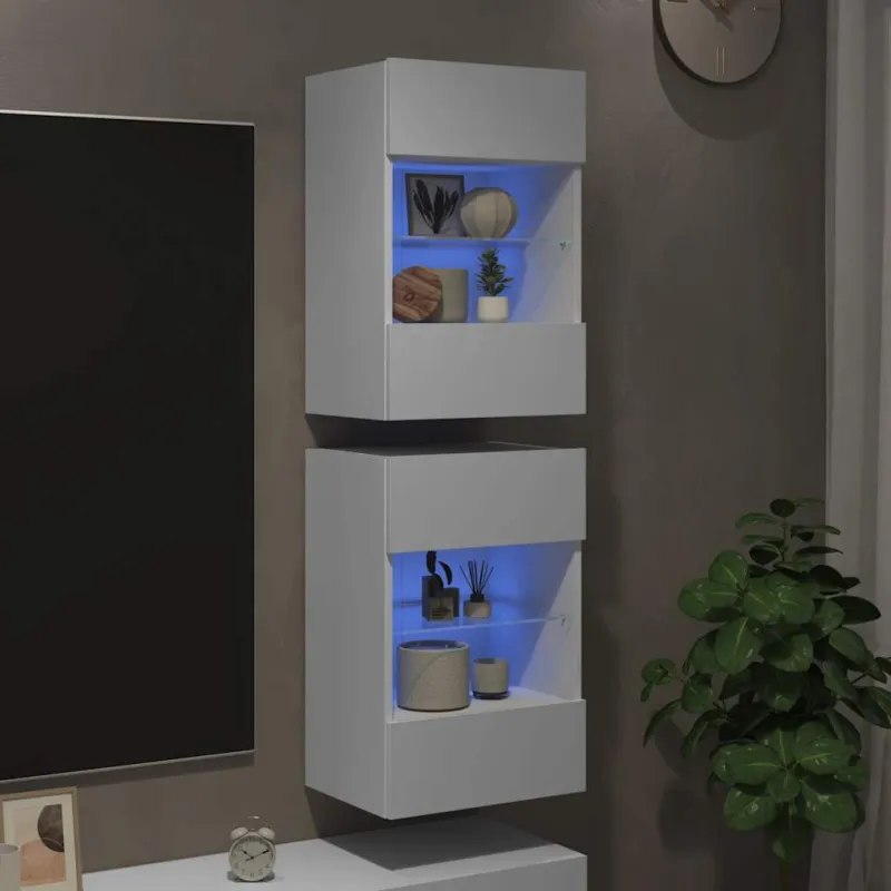Sieninės spintelės su LED apšvietimu televizoriui, 2vnt., baltos, 40x30x60,5cm