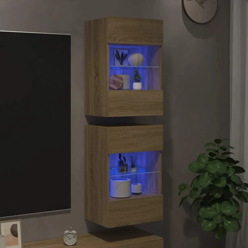 Sieninės spintelės su LED apšvietimu televizoriui, 2vnt., ąžuolo, 40x30x60,5cm