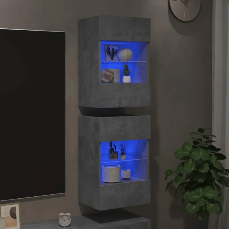 Sieninės spintelės su LED apšvietimu televizoriui, 2vnt., betono, 40x30x60,5cm