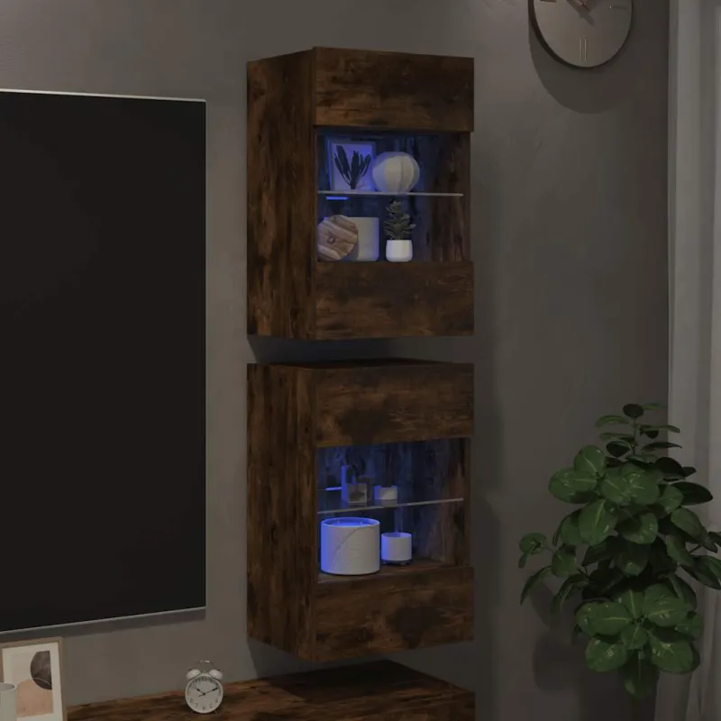 Sieninės spintelės su LED apšvietimu televizoriui, 2vnt., dūminės, 40x30x60,5cm