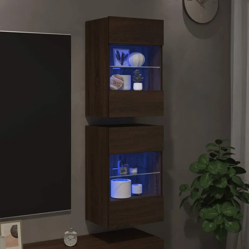 Sieninės spintelės su LED apšvietimu televizoriui, 2vnt., rudos, 40x30x60,5cm