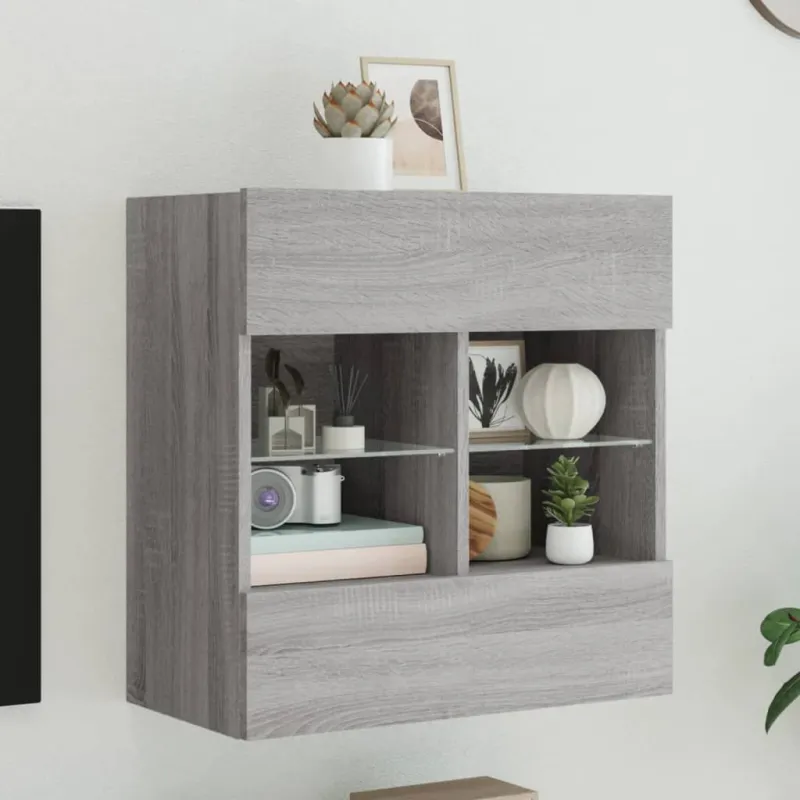 Sieninė TV spintelė su LED lemputėmis, pilka, 58,5x30x60,5cm