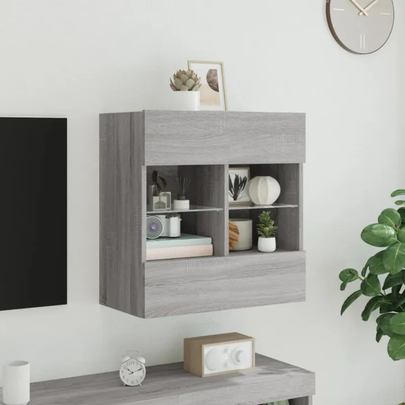 Sieninė TV spintelė su LED lemputėmis, pilka, 58,5x30x60,5cm