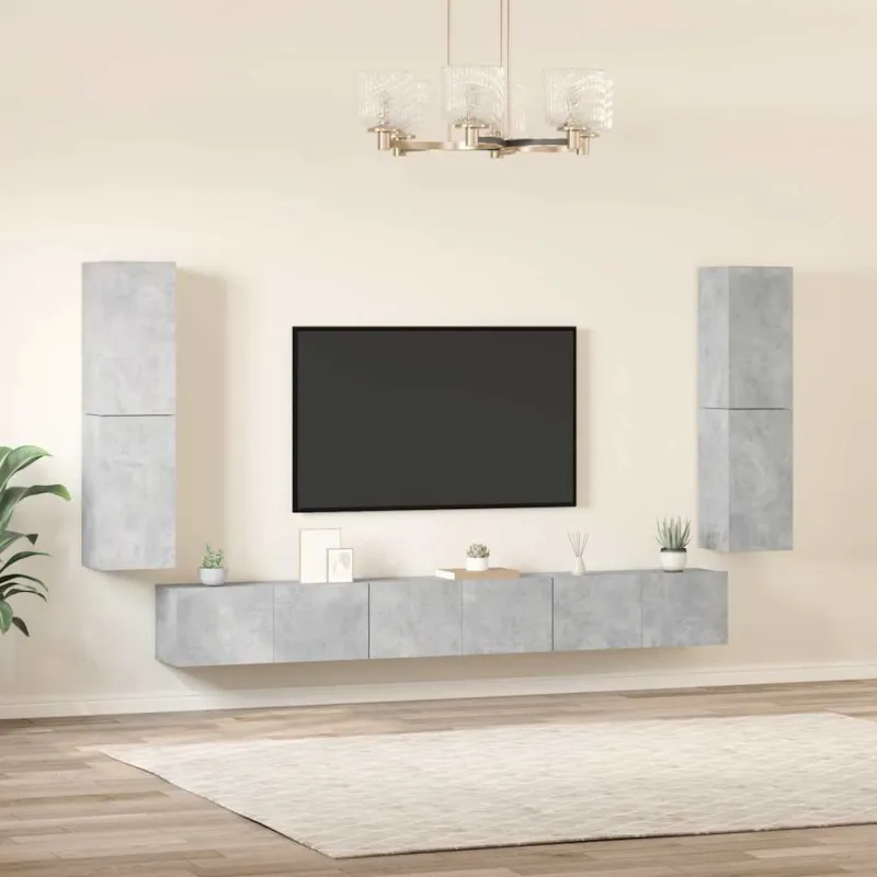 TV spintelių komplektas, 7 dalių, betono pilkas, mediena
