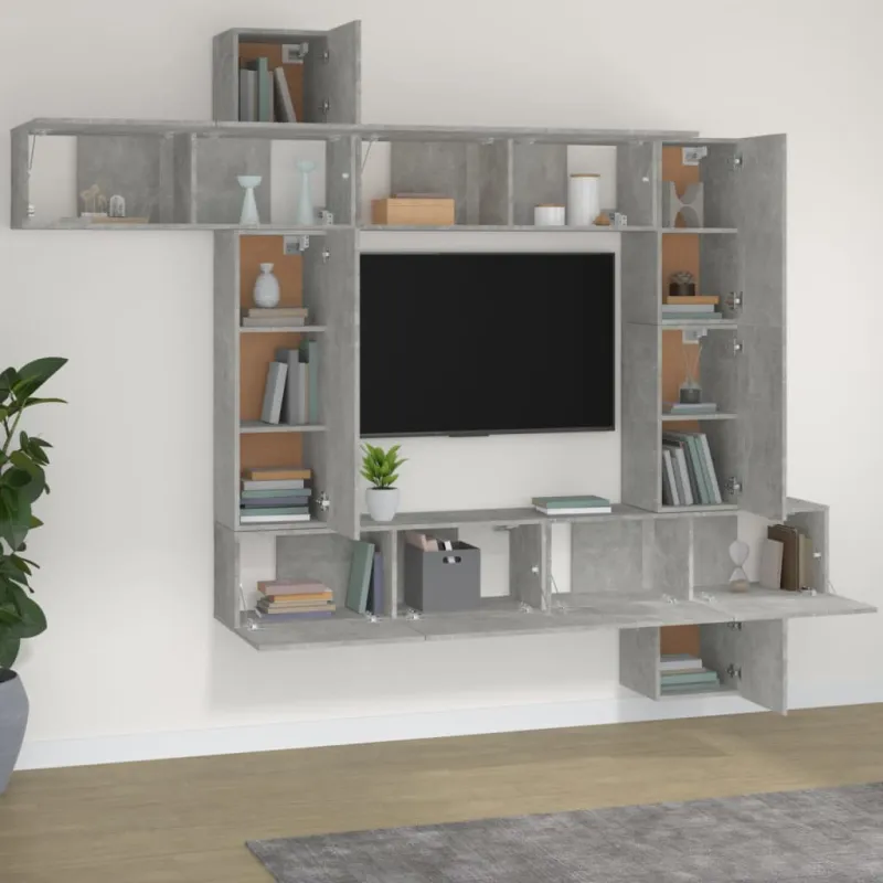 TV spintelių komplektas, 9 dalių, betono pilkas, mediena