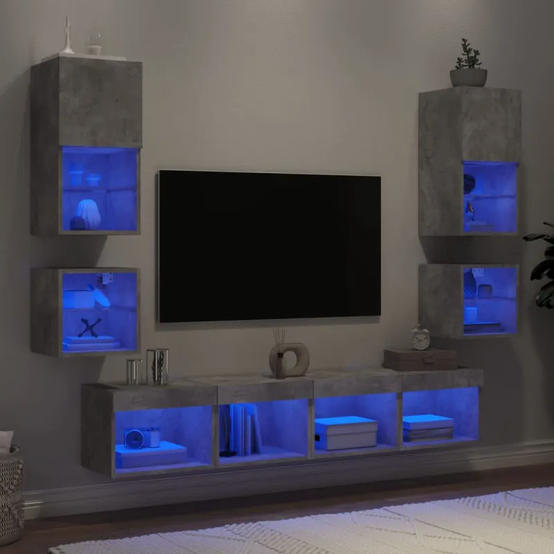 Sieninė TV sekcija su LED, 8 dalių, betono, apdirbta mediena