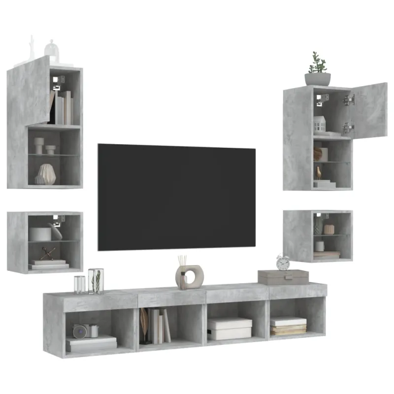 Sieninė TV sekcija su LED, 8 dalių, betono, apdirbta mediena