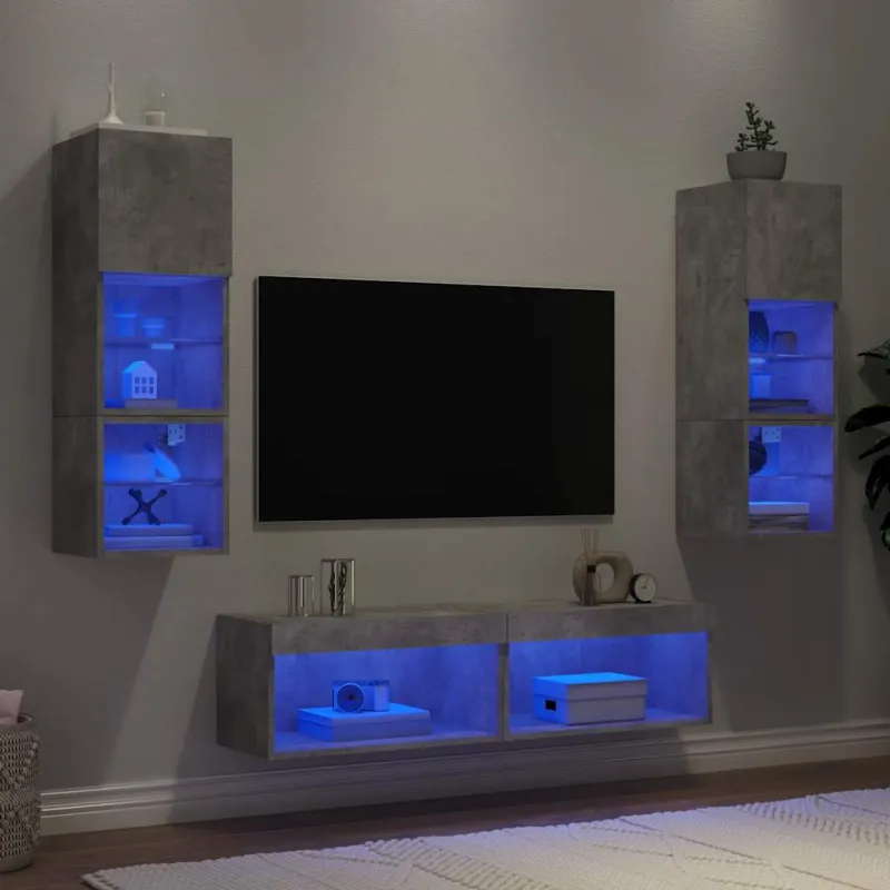 Sieninė TV sekcija su LED, 6 dalių, betono, apdirbta mediena