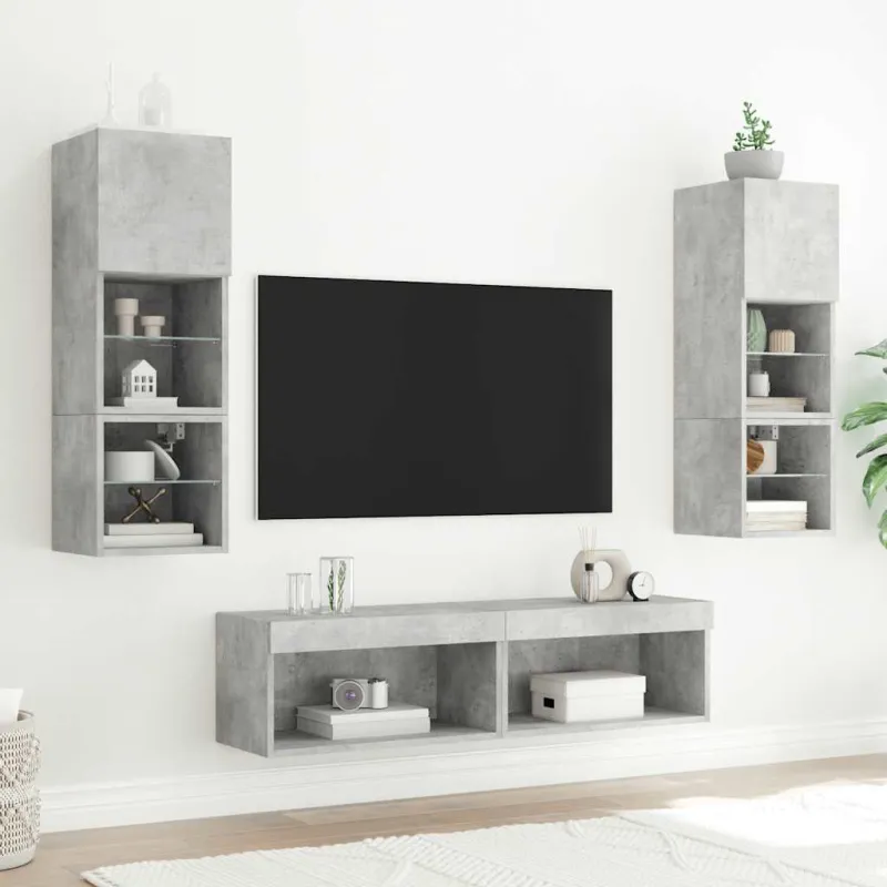 Sieninė TV sekcija su LED, 6 dalių, betono, apdirbta mediena