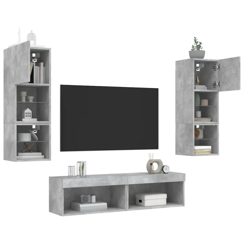 Sieninė TV sekcija su LED, 6 dalių, betono, apdirbta mediena