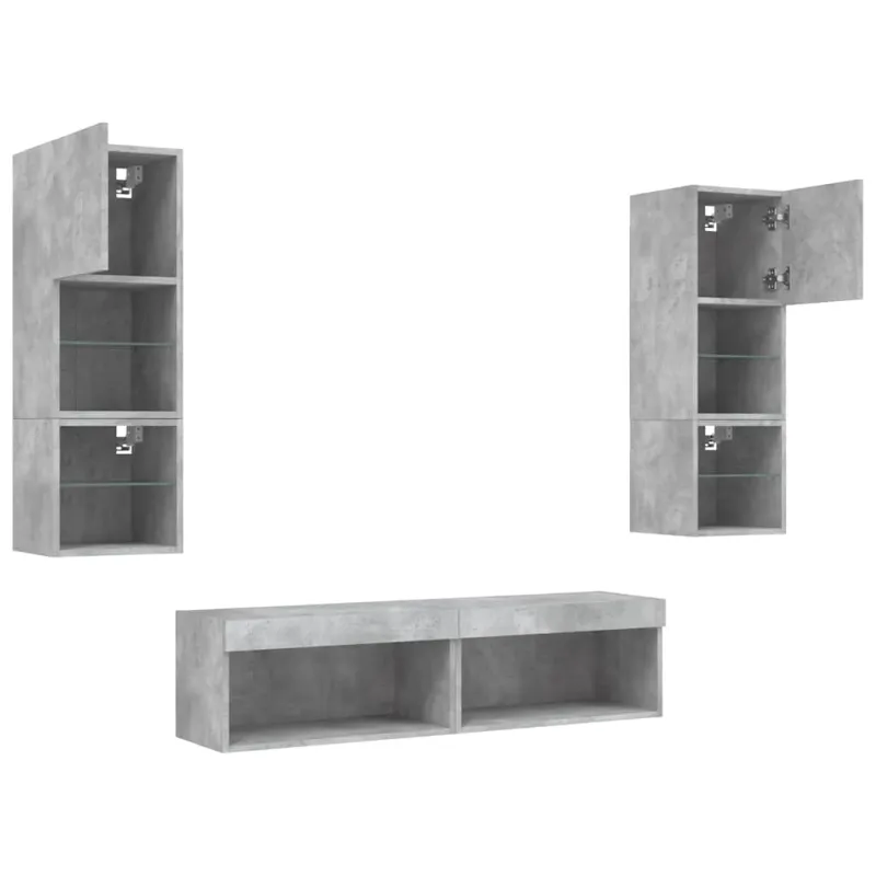 Sieninė TV sekcija su LED, 6 dalių, betono, apdirbta mediena