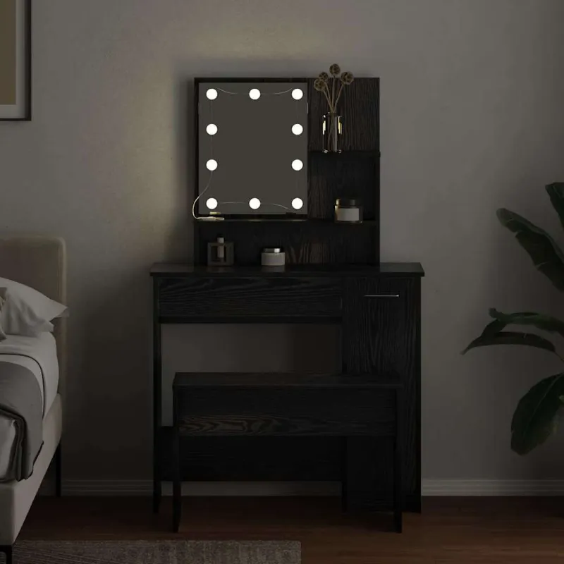 LED makiažo stalo komplektas su stalčių 2 pcs Juodas ąžuolas
