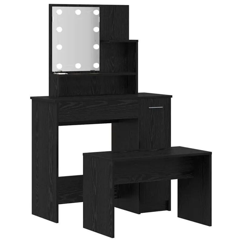 LED makiažo stalo komplektas su stalčių 2 pcs Juodas ąžuolas