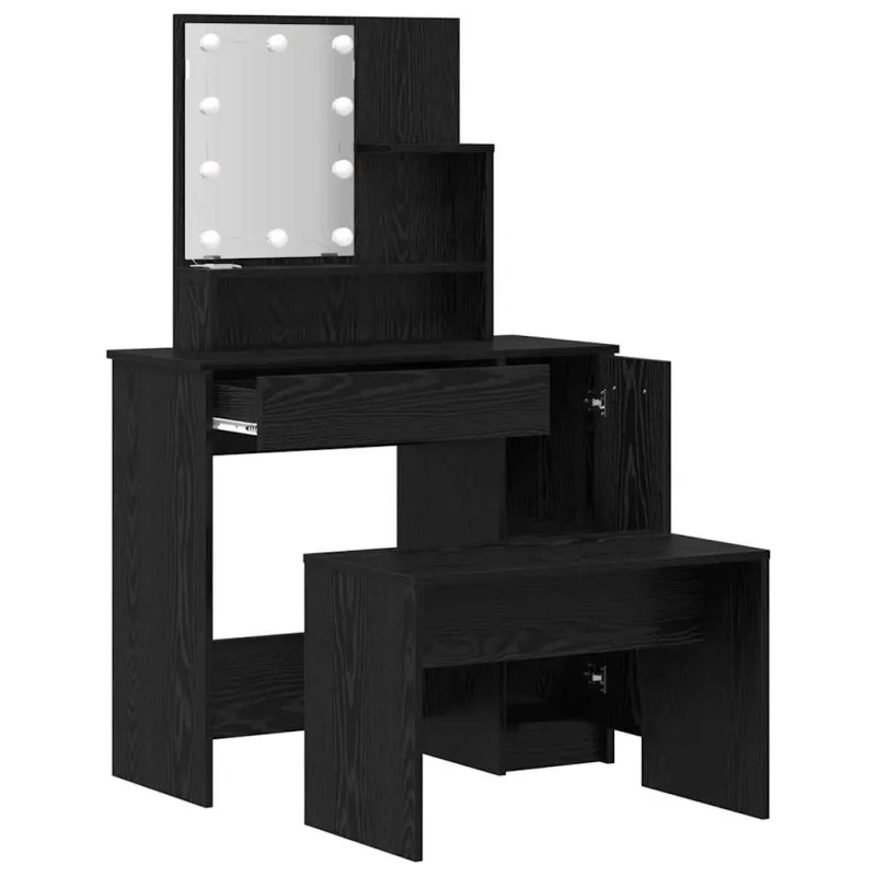 LED makiažo stalo komplektas su stalčių 2 pcs Juodas ąžuolas