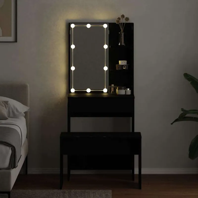 LED makiažo stalo komplektas su stalčių 2 pcs Juodas ąžuolas