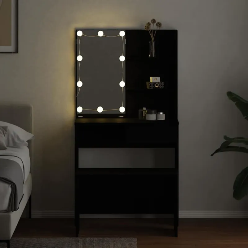 LED makiažo stalo komplektas su stalčių 2 pcs Juodas ąžuolas