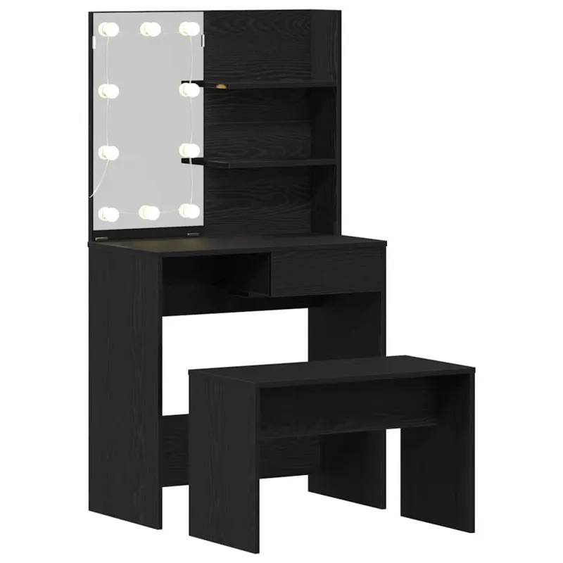 LED makiažo stalo komplektas su stalčių 2 pcs Juodas ąžuolas