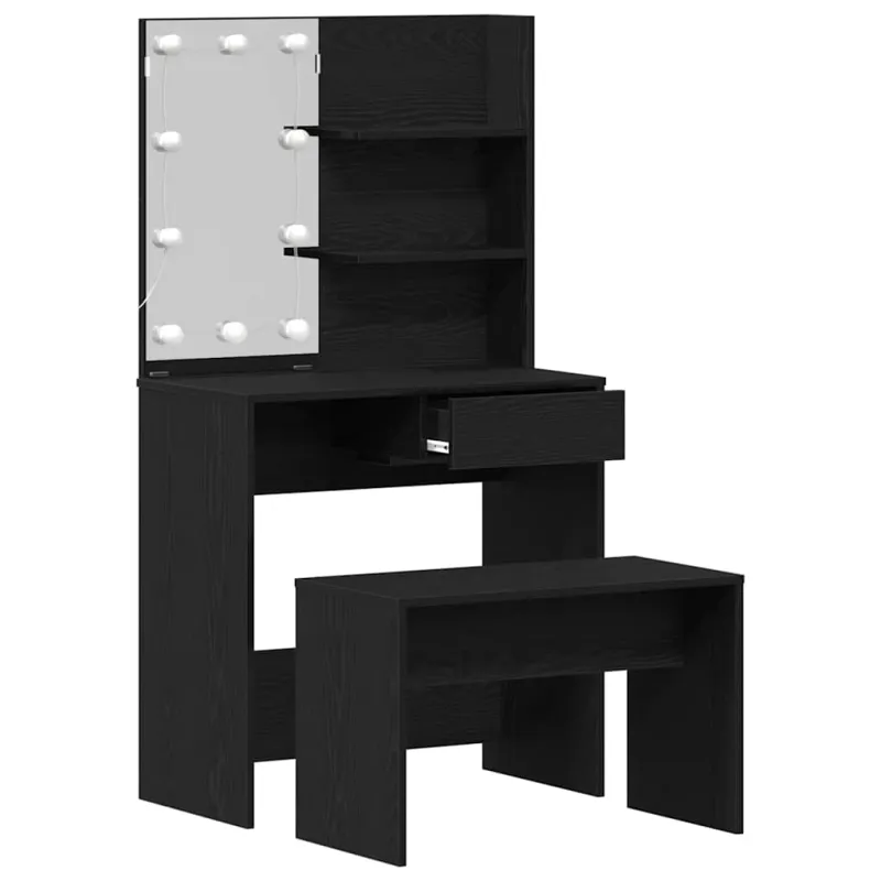 LED makiažo stalo komplektas su stalčių 2 pcs Juodas ąžuolas