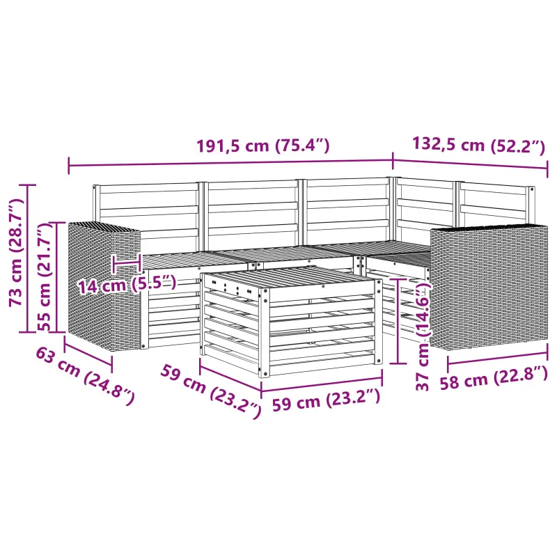 Lauko sofos komplektas 5 pcs Natūrali 59 x 59 x 37 cm
