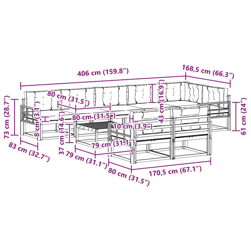 Lauko sofos komplektas 9 pcs Balta ir antracito 79 x 79 x 37 cm