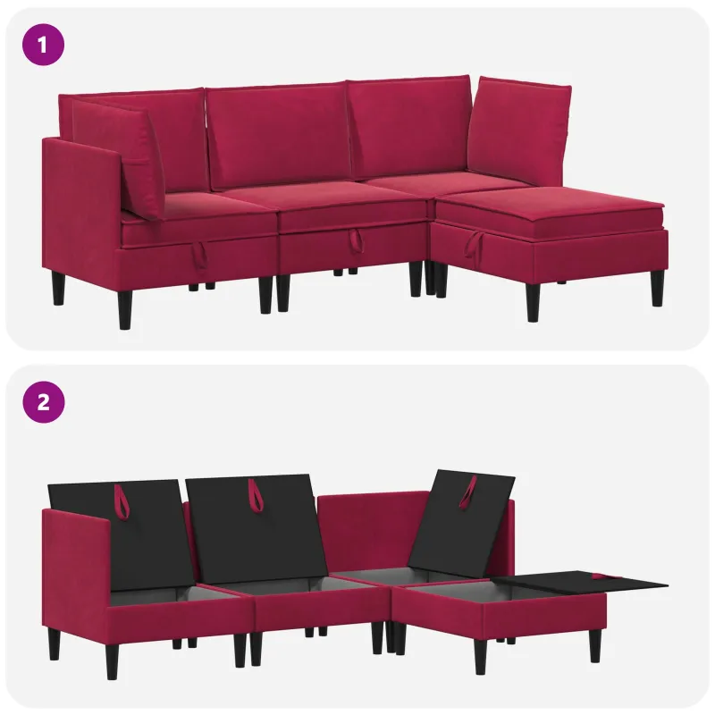 Svetainės baldų komplektas 4 pcs Vyno raudona Aksomas