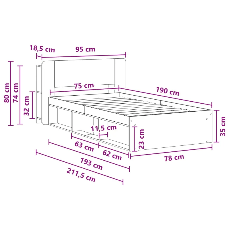 Lovos rėmas su saugojimu su galvūgalio Betono pilka 75 x 190 cm