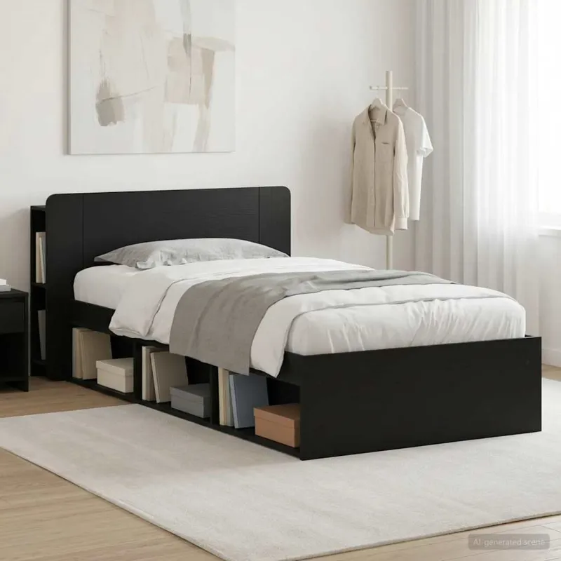 Lovos rėmas su saugojimu Juoda 90 x 190 cm Apdirbta mediena