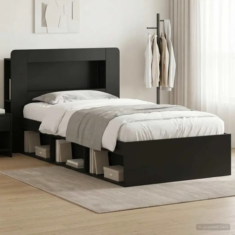 Lovos rėmas su saugojimu Juoda 75 x 190 cm Apdirbta mediena