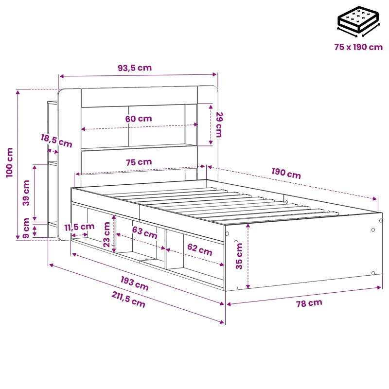 Lovos rėmas su saugojimu Juoda 75 x 190 cm Apdirbta mediena