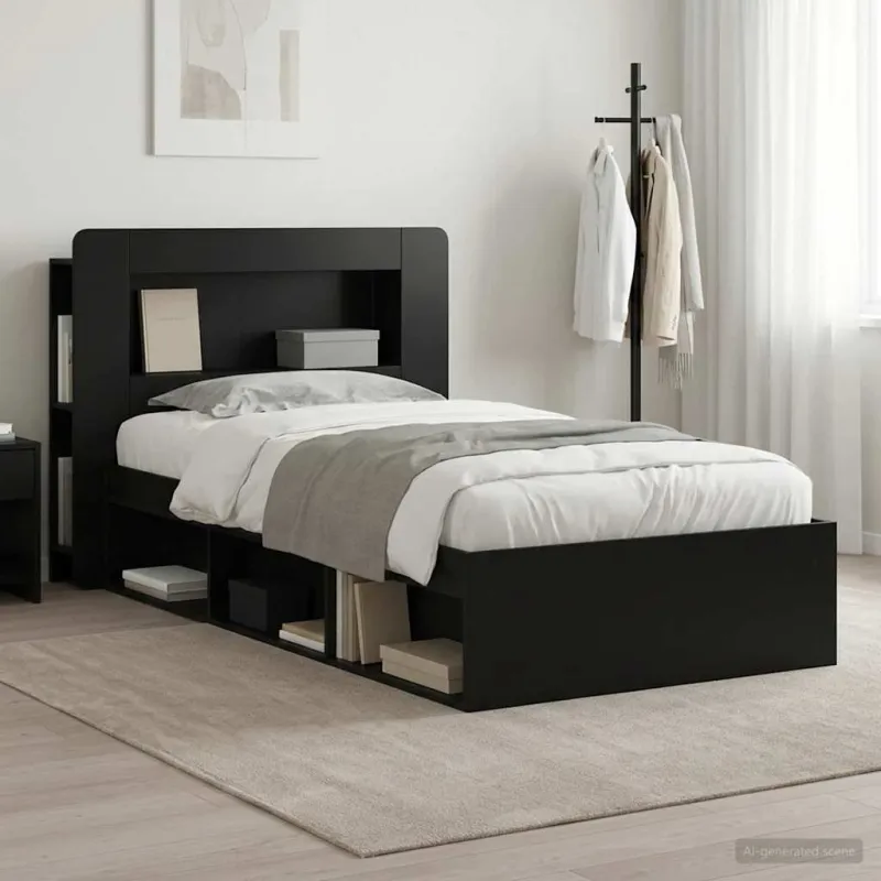 Lovos rėmas su saugojimu Juoda 90 x 190 cm Apdirbta mediena