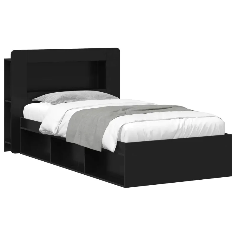 Lovos rėmas su saugojimu Juoda 90 x 190 cm Apdirbta mediena