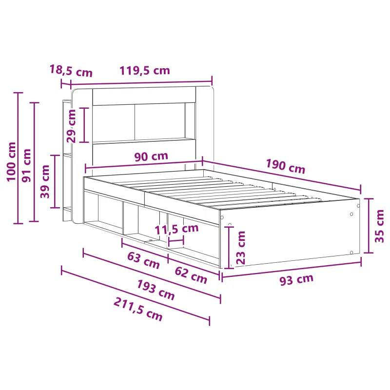 Lovos rėmas su saugojimu Balta 90 x 190 cm Apdirbta mediena
