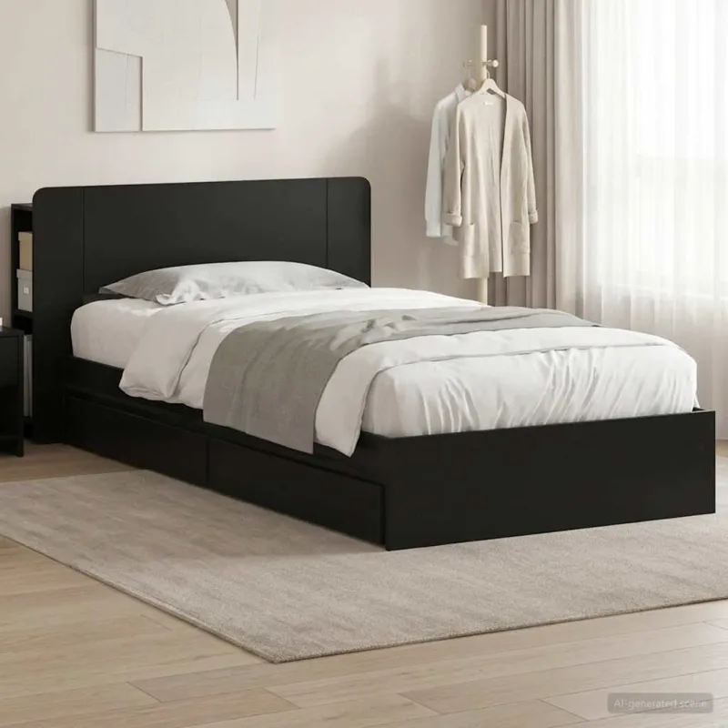Lovos rėmas su saugojimu Juoda 90 x 190 cm Apdirbta mediena
