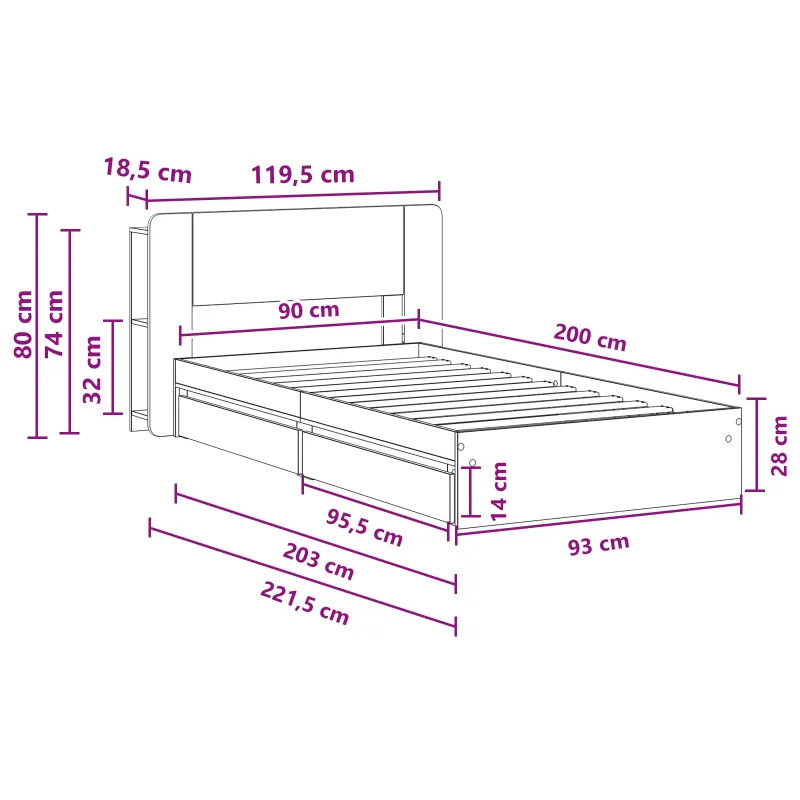 Lovos rėmas su saugojimu su stalčių Pilka Sonoma 90 x 200 cm