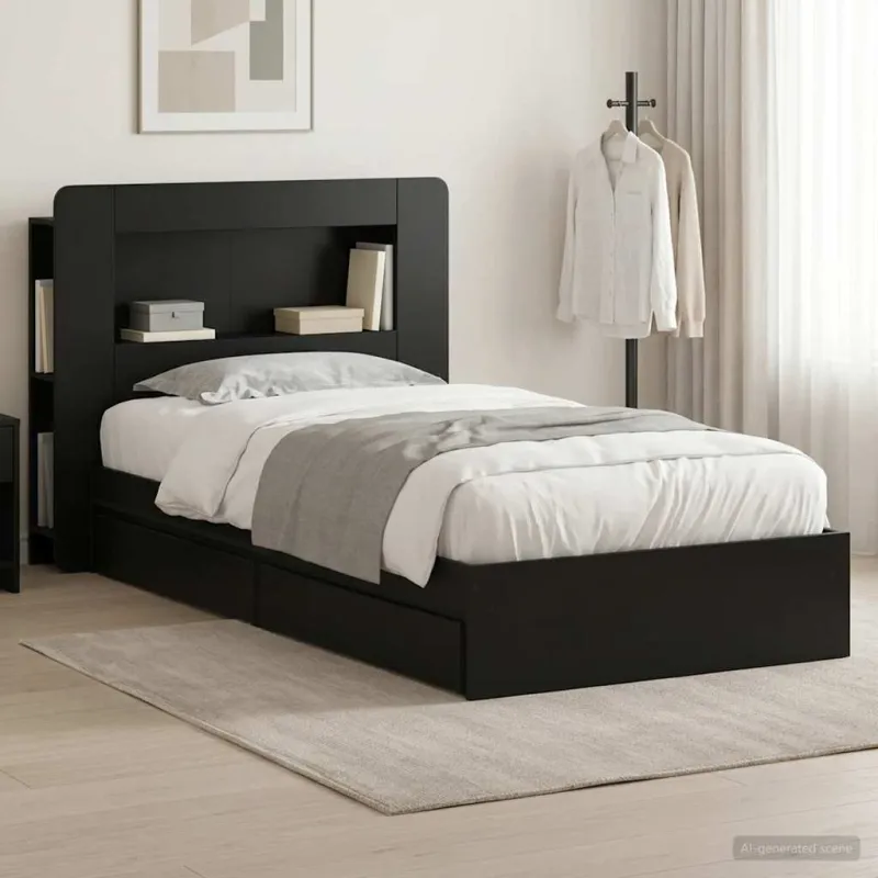 Lovos rėmas su saugojimu Juoda 75 x 190 cm Apdirbta mediena