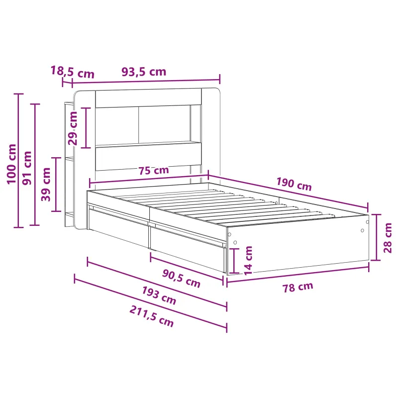 Lovos rėmas su saugojimu su stalčių Sonoma ąžuolas 75 x 190 cm
