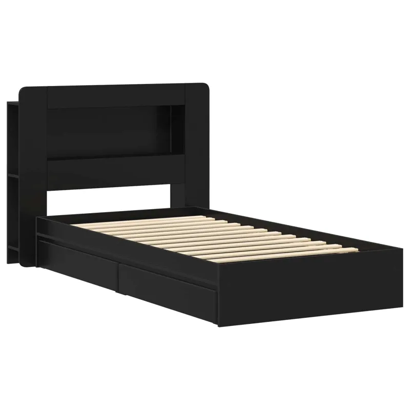 Lovos rėmas su saugojimu Juoda 90 x 190 cm Apdirbta mediena