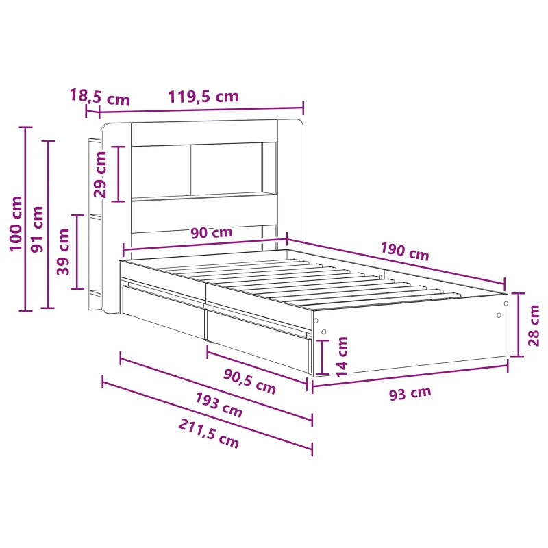 Lovos rėmas su saugojimu su stalčių Betono pilka 90 x 190 cm