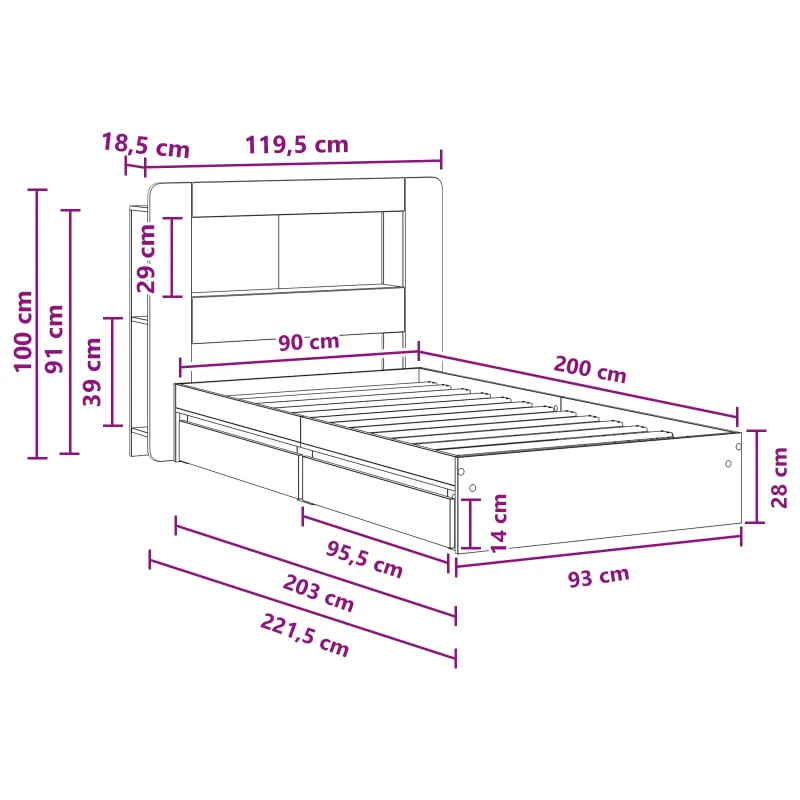 Lovos rėmas su saugojimu su stalčių Sonoma ąžuolas 90 x 200 cm
