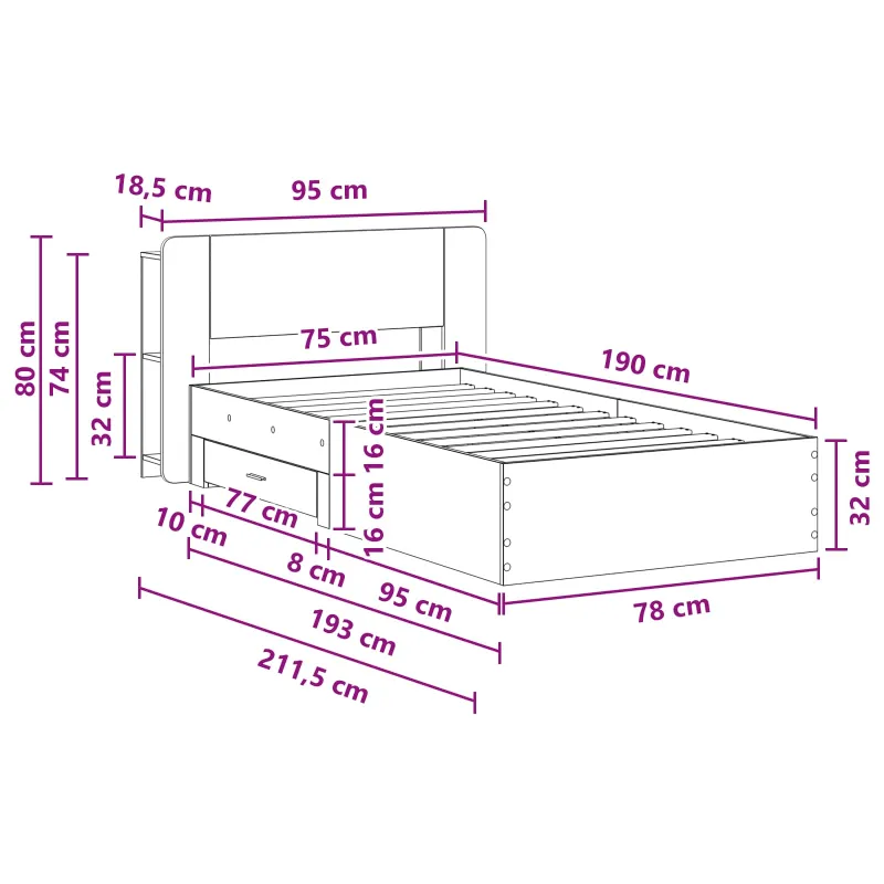 Lovos rėmas su saugojimu su galvūgalio Pilka Sonoma 75 x 190 cm
