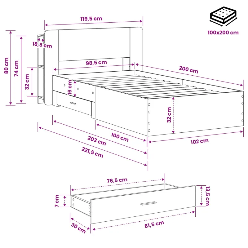 Lovos rėmas su saugojimu Sendintos medienos 100 x 200 cm