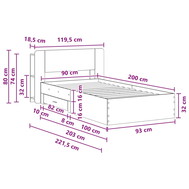 Lovos rėmas su saugojimu su galvūgalio Pilka Sonoma 90 x 200 cm