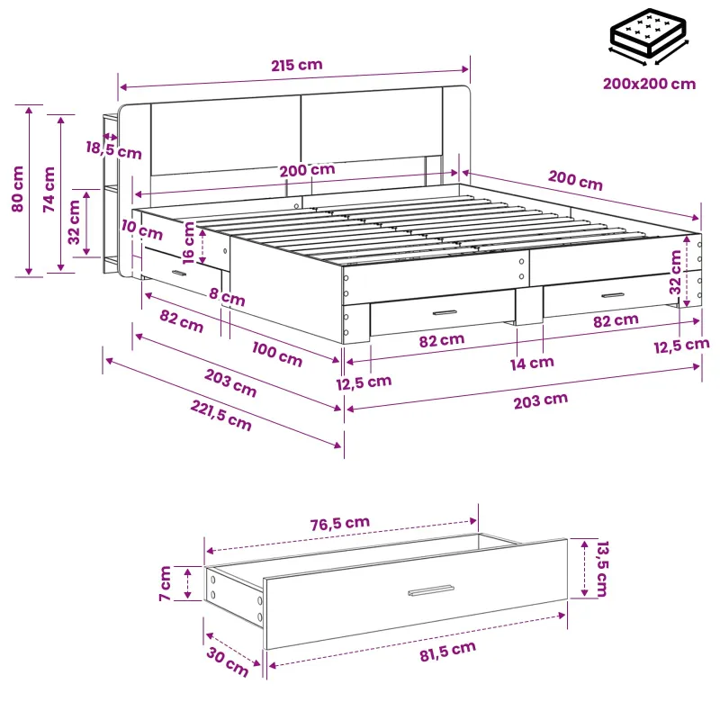 Lovos rėmas su saugojimu Pilka Sonoma 200 x 200 cm