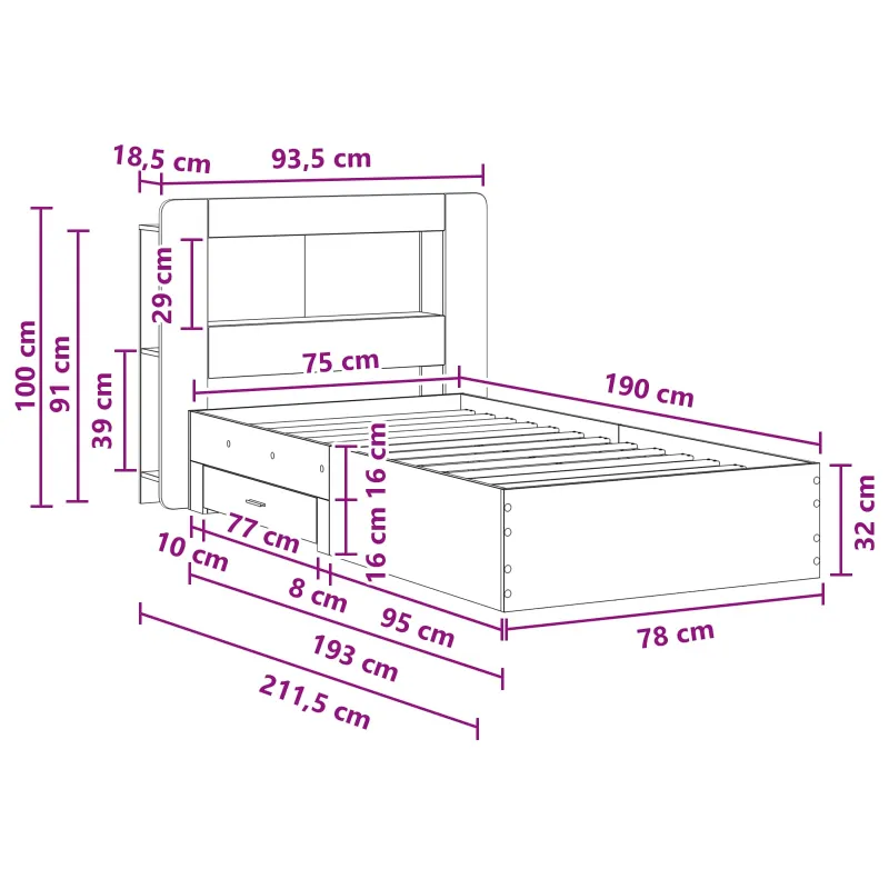 Lovos rėmas su saugojimu su galvūgalio Pilka Sonoma 75 x 190 cm