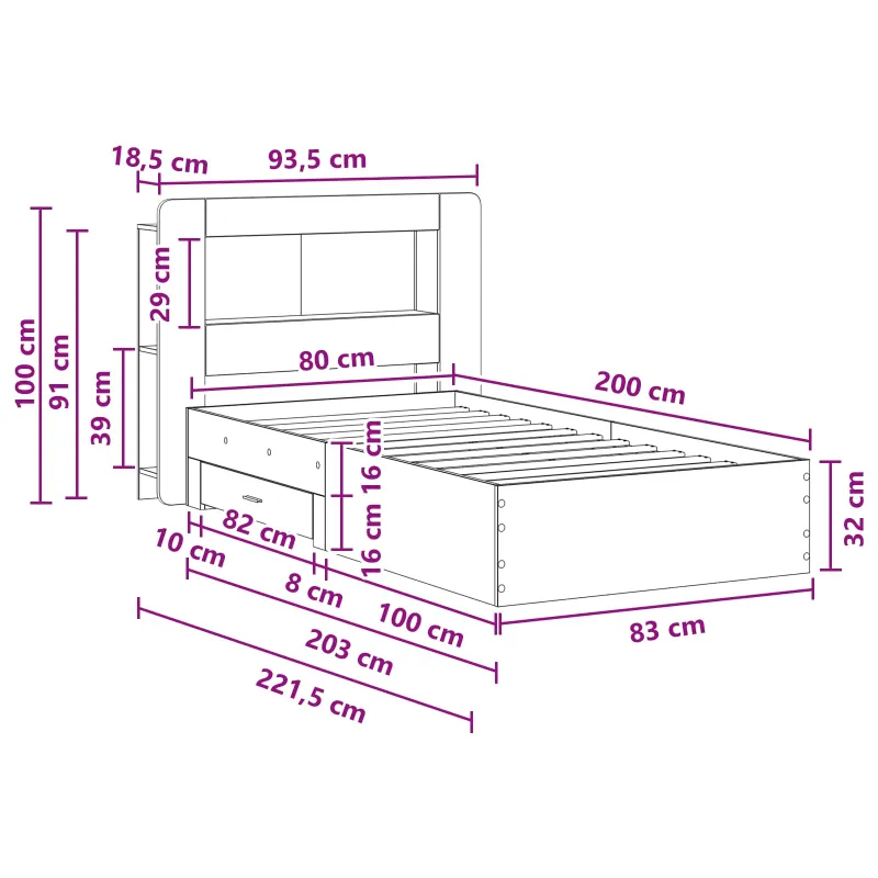 Lovos rėmas su saugojimu su galvūgalio Betono pilka 80 x 200 cm