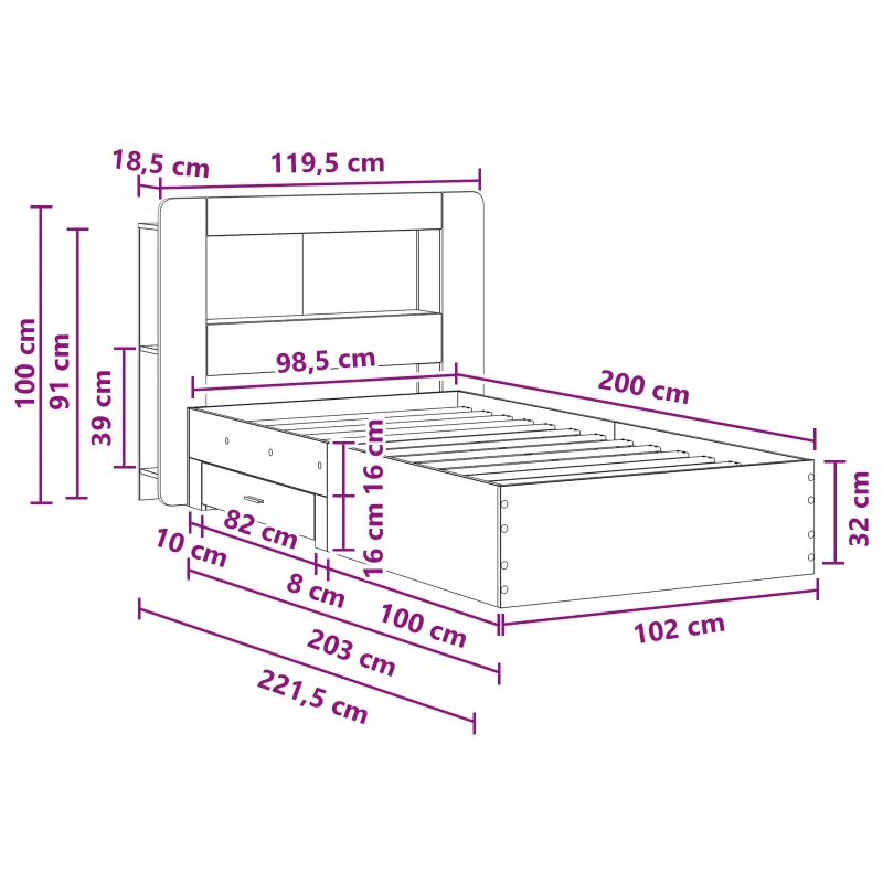 Lovos rėmas su saugojimu Sendintos medienos 100 x 200 cm