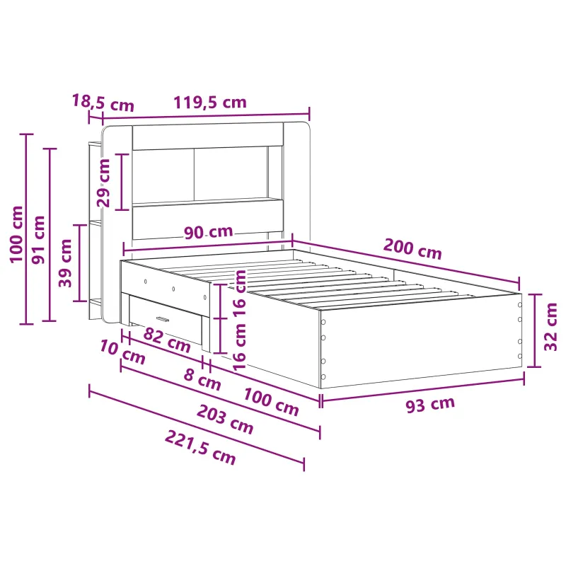 Lovos rėmas su saugojimu su galvūgalio Pilka Sonoma 90 x 200 cm